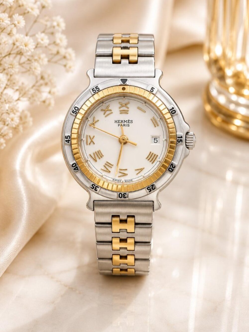 Authentic Hermès Clipper Two-Tone Gold & Silver Quartz Watch Date Women's Luxury - Picture 1 of 12